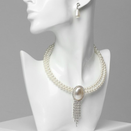 Set 2 objects: earrings, “lady” necklace 2 threads, shiny path, white color in silver, 45 cm