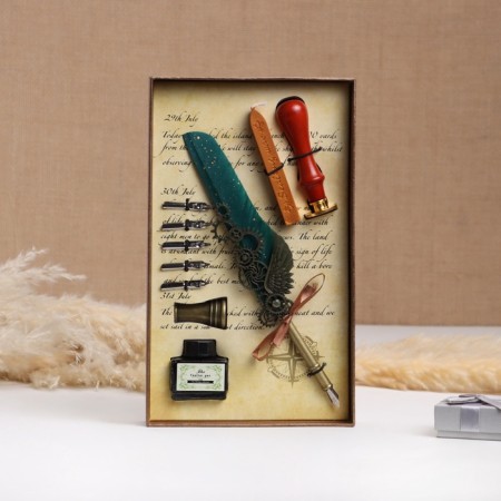 Gift set 5B1 "steampunk": feathers of turquoise, ink, tips, print, wax-1