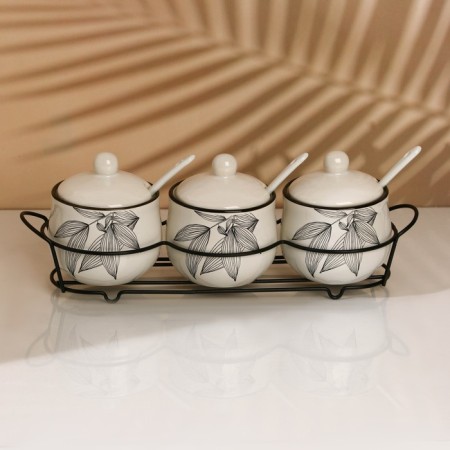 A set of ceramic cans for spices on the metal stand “Leaves”, 200 ml, 3 pcs, white color-1
