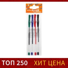 Set of gel pens 4 colors, blue, red, black, green, green body.