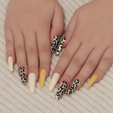 Leopard overhead nails, 12 pcs, with adhesive plates, ballerina shape, beige/yellow/black-8
