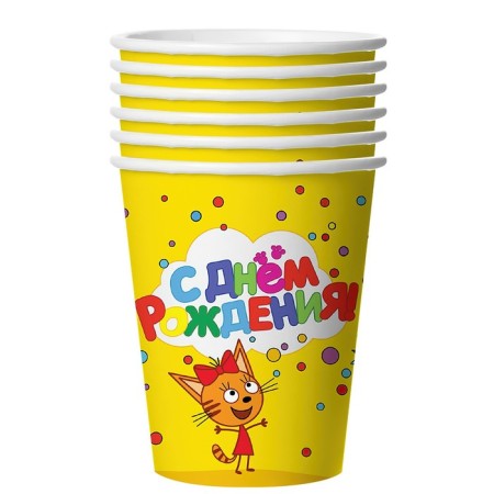 A glass of paper “Three cats: Happy Birthday!”, Yellow, 6 pieces, 250 ml-1