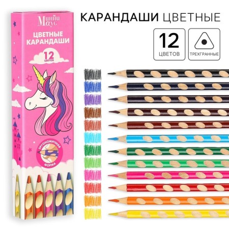 Colored pencils, 12 colors, trihedral, Minnie Mouse and Unicorn