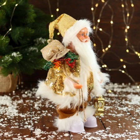 Santa Claus "in a suit with sequins, with a flashlight" moves, with backlight, 28 cm, gold-1