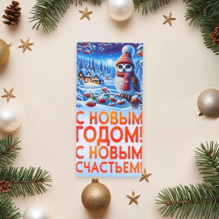 Конверт для денег "С Новым Годом! С Новым счастьем!" сова, 8,3 х 16,5 см-1