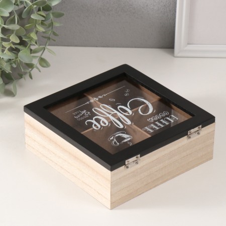 Casket wood 4 divisions "Morning begins with coffee" 18.2x18.2x7.2 cm-3