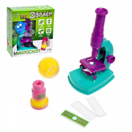 A set of biologist 6 objects: microscope, 2 kaleidoscope, 2 empty slides, a model of cells