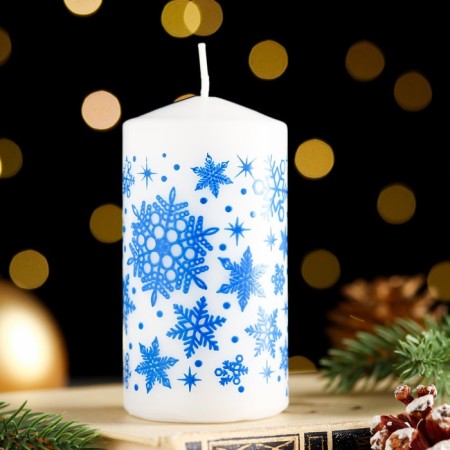 Candle - New Year's "Snowflakes" cylinder, 5x10 cm, white with blue-1