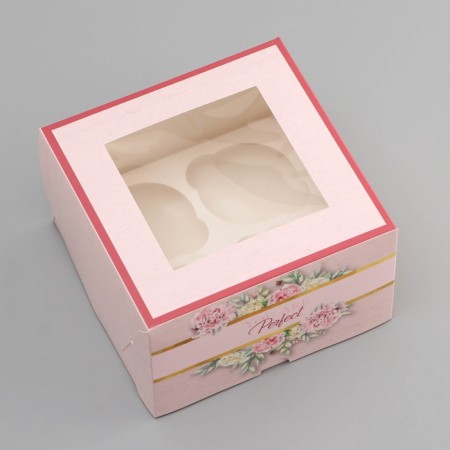 Box for 4 cupcake with a window, "beautiful", 16 x 16 x 10 cm, confectionery packaging-2