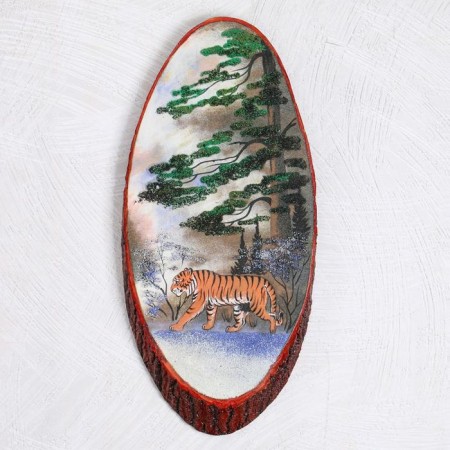 Panel on the saw "Winter. Tiger", 57-62 cm, stone baby, vertical