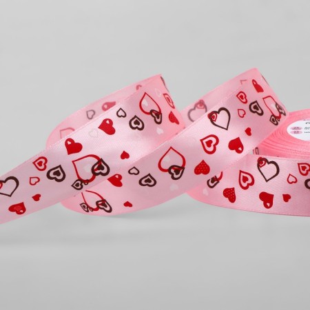 Satin tape "Hearts", 25 mm × 23 ± 1 m, light pink color No. 004