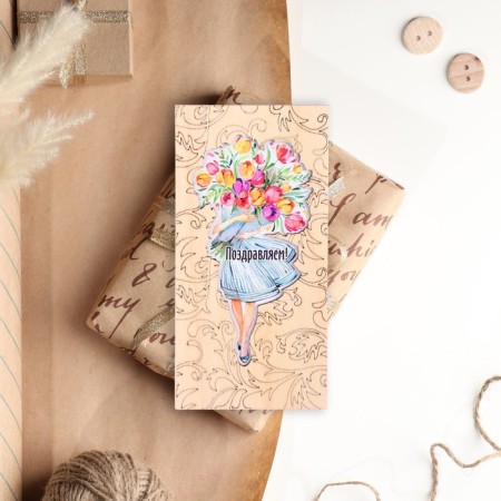 Wooden envelope "Congratulations!" Girl, flowers, 8x16 cm