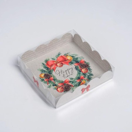Box for confectionery with PVC lid "Happy Time", 13 x 13 x 3 cm, new year-1