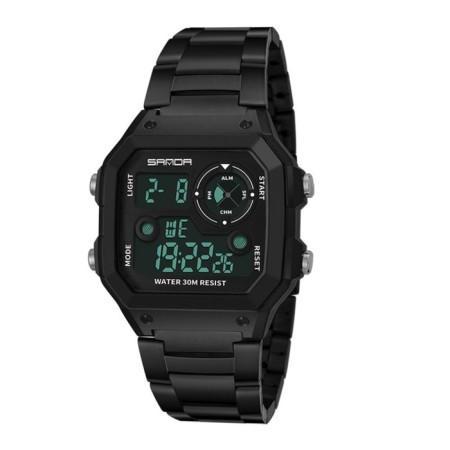 Electronic watch, D-4.4 cm, alarm clock, calendar, metal strap, black