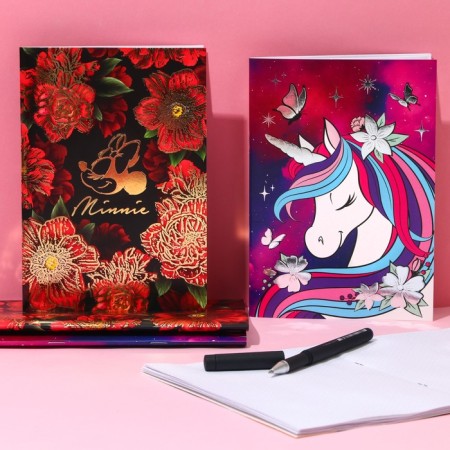 Notepad A5, on a paper clip, 40 sheets, to a point, stamping silver, Minnie Mouse and unicorn-3