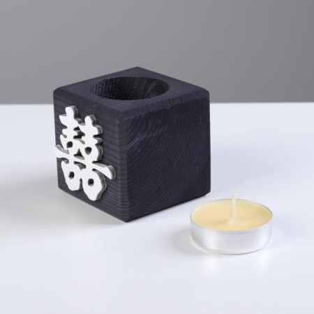 A candle in a wooden candlestick "Cube, hieroglyphs. Happiness", color: "Eben", 6x6x6 cm, mango-1