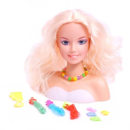 A mannequin doll for creating a “Snow White” hairstyle, with overhead strands and accessories