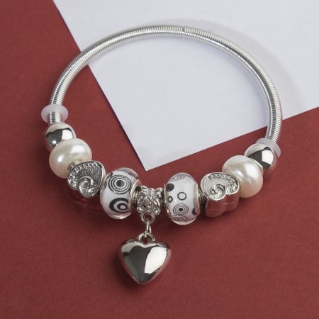 Bracelet with pearls "Margeri" heart, black and white color in silver, d = 6.5cm-2