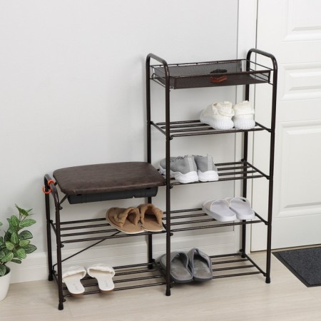 Shoe stand with a seat and a box, 5 tiers, 88.4 × 29.8 × 94.5 cm, color copper antik