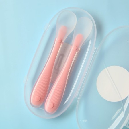 A set of silicone spoons for feeding, 2 pcs., In a container, pink color-2