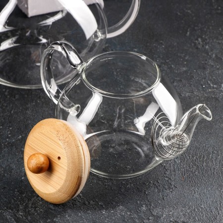 A set of glass teapots with a bamboo cover and a metal sieve, 480 ml, 1.2 l, 2 pcs-2