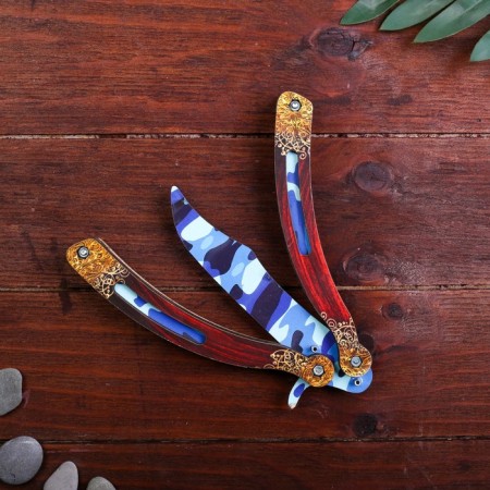 Wooden souvenir "Butterfly knife" blue camouflage-1