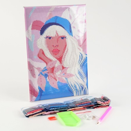 Diamond mosaic with a complete filling on the subframe "Girl in the cap", 20 × 30 cm-1