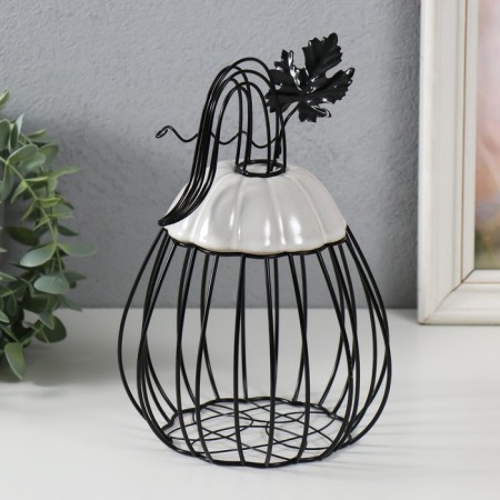 Vazon Metal souvenir, ceramics "Pumpkin with a leaf" Black with white 14.3x14.3x21 cm-4