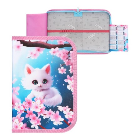 Penal 1 section 140 x 210 x 40 mm, folding pocket and cosmetic bag, fabric, calligrata topontent "Cat Sakura"