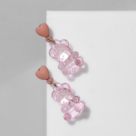 Earrings plastic "bears" with hearts, pink color in gold-3