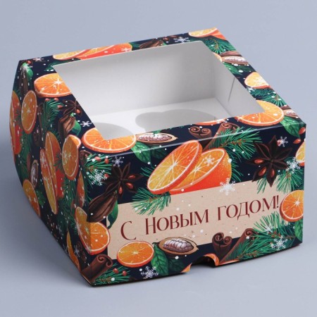 Folding box for 4 cupcakes with a “spice” window, 16 x 16 x 10 cm, New Year-1