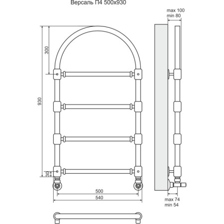 Terminus water heated towel rail "Versailles" P4, 500x930 mm, chrome-2