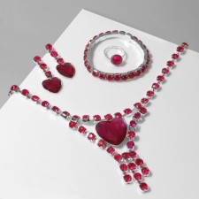 Set 4 objects: earrings, necklaces, bracelet, “heart” ring in circles, pink color in silver