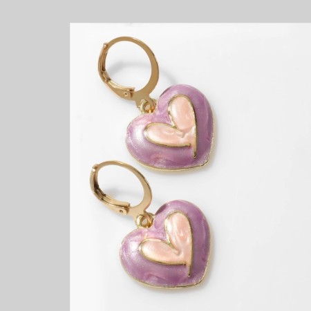 Emall earrings "Heart", lilac-pink color in gold
