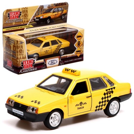 Metal VAZ-21099 “Taxi satellite”, 12 cm, doors and trunk open, yellow color