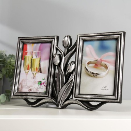 Photo frame plastic in 2 photos 10x15 cm "tulips" Dark silver 20x31 cm-1