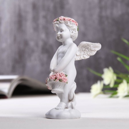 Figure Polystone "Angel with a basket of pink roses" 10x3.5x5 cm-3