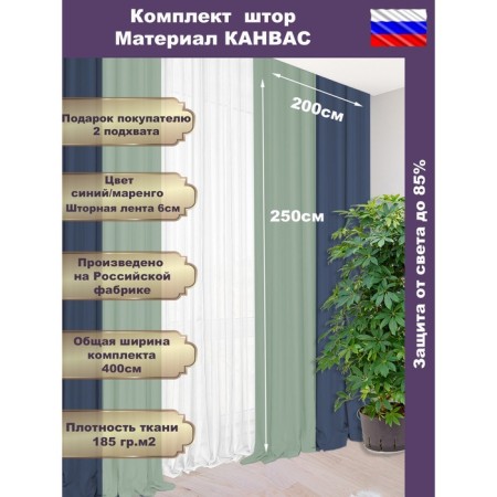 Set of curtains "Canvas", size 200x260 cm, 2 pcs, blue color, dusty menthol-1