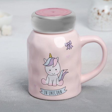 Ceramic "Rainbow" mug, 380 ml, with a plastic lid, pink color