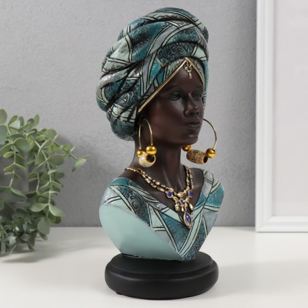 Souvenir Polystone Bust "African in Blue Turban with patterns" 15x12x26.5 cm-1