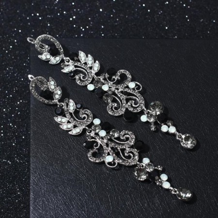 Hanging earrings with rhinestones "evening" magic, black and white color in gray metal, 10.5 cm-3
