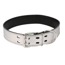 The collar is two-layer leather, width 4.5 cm, Osh 63-73 cm, silver