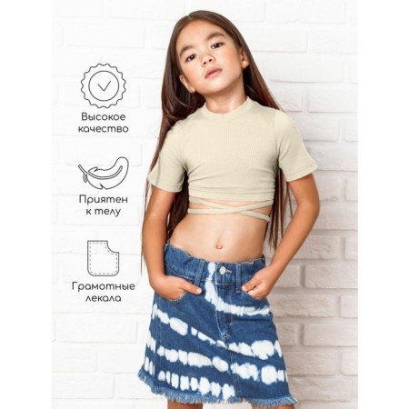 TOP for a girl with short sleeves on Generation ties, height 152 cm, milk color-1