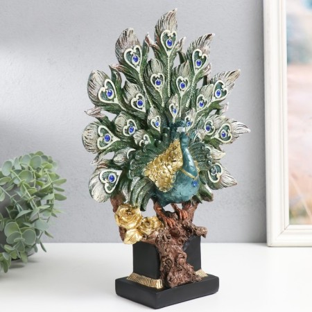 Polystone souvenir "Peacock with a green tail with feathers with gold stroke" 25.5x9x33 cm-1