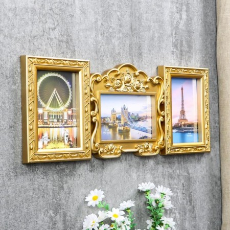 Photo frame plastic in 3 photos 10x15 cm "Frame with roses" gold 19.5x47 cm-1