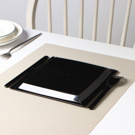 Plastic disposable plastic 3 in 1: plate, fork, knife, square, black-2