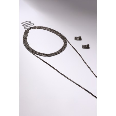 Set 2 objects: earrings, chocker "ice" 4 rows, white color in gray metal, 44.5 cm-5