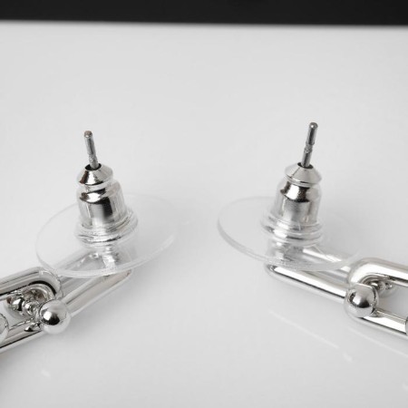 Earrings Metal "Chain" with a cross, three links, silver color-2