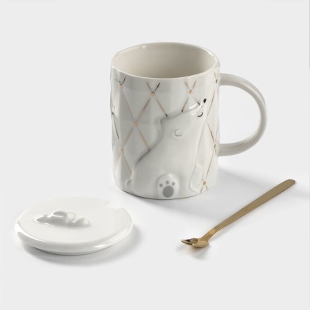 Ceramic mug with a lid and a spoon "Bear", 350 ml, white color-1