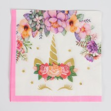 Paper napkins “Unicorn and flowers”, 33x33 cm, set 20 pcs., Pink color